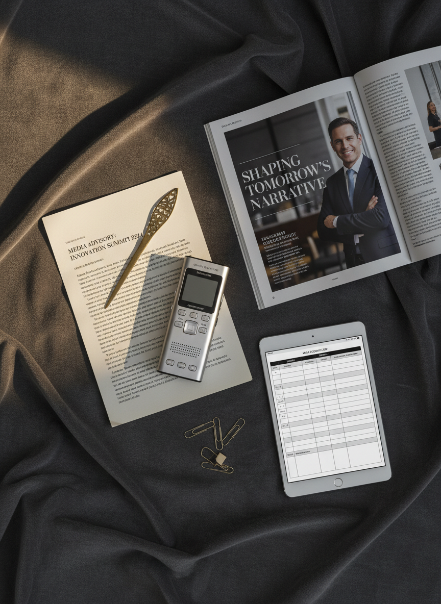 A curated flat lay of public relations tools arranged on a velvety charcoal fabric backdrop: a high-end digital voice recorder, a folded press release printed on creamy textured paper with elegant typography, a glossy magazine opened to a full-page feature, and a slim silver tablet displaying a well-organized media contact list. Metallic paperclips and a delicate brass letter opener provide subtle accents. Warm, directional studio lighting comes from the upper left, casting long, soft shadows that add dimensionality. The overhead, bird’s-eye composition is meticulously balanced, with each object intentionally spaced, creating a sense of composed refinement. The photographic realism and muted color palette project trust, discretion, and expertise in press relations and media communication.